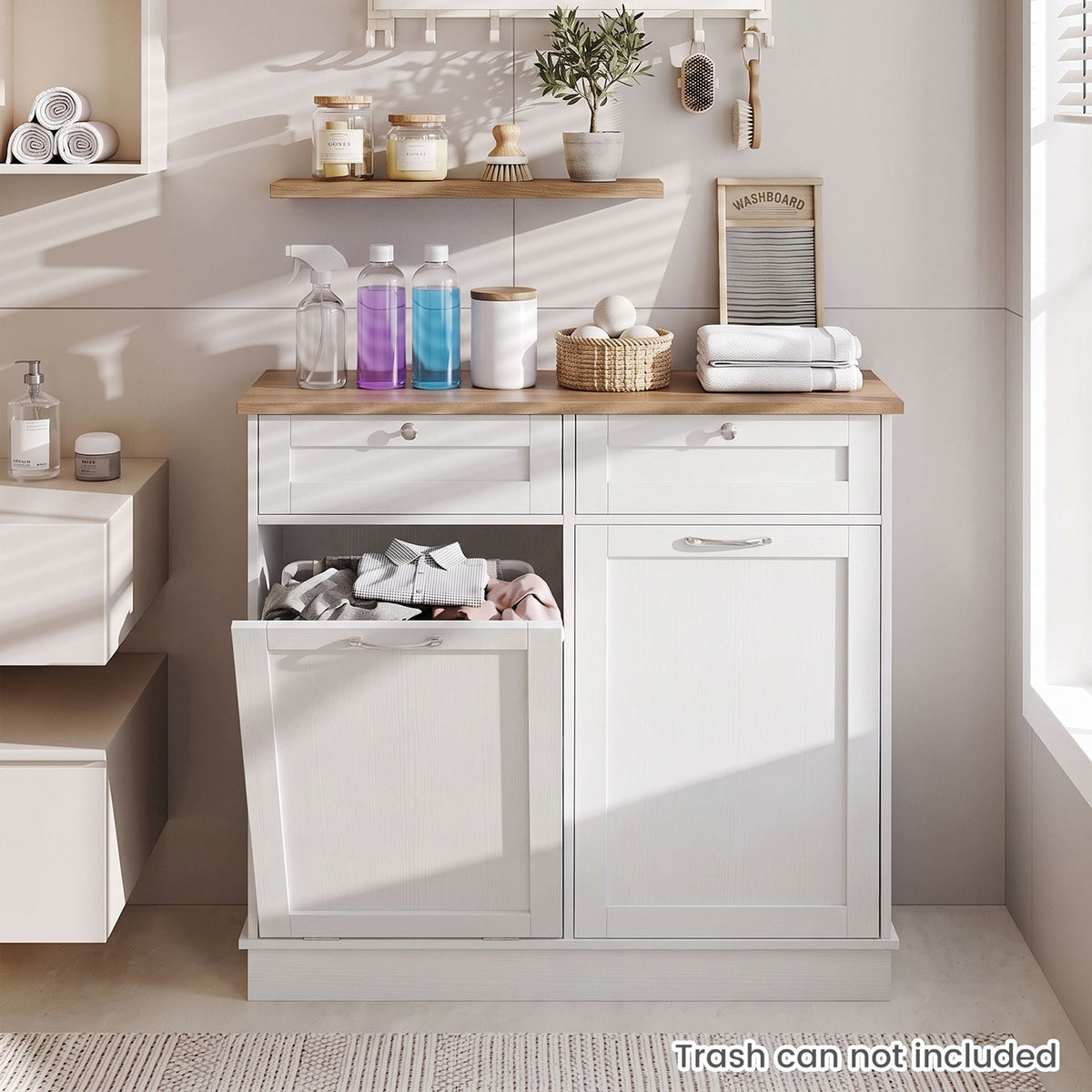 Hidden Tilt Out Trash Bin Cabinet with Shelves Wooden Storage Organizer for Kitchen-White