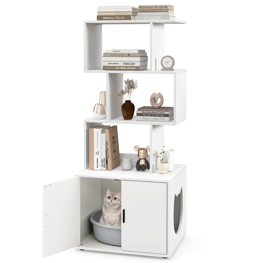 2-in-1 Hidden Cat Litter Box Enclosure with 3 Open Shelves-White