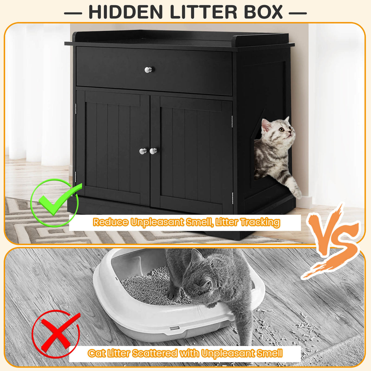 Large Wooden Cat Litter Box Hidden Washroom Toilet with Drawer-Black