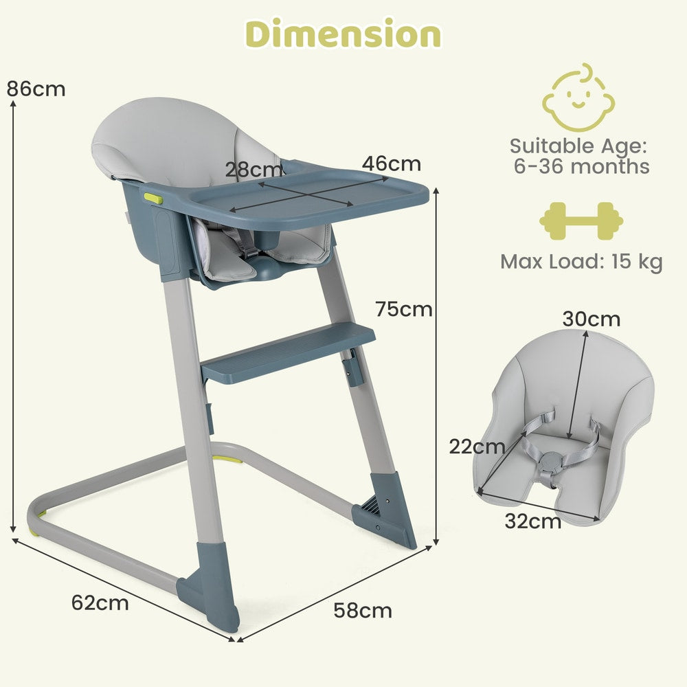 The high chair with technical labels showing dimensions and age suitability