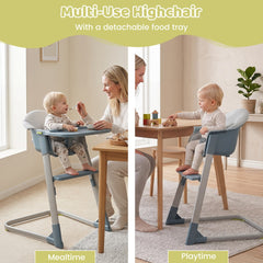 The high chair shown in two different scenarios for eating and playing