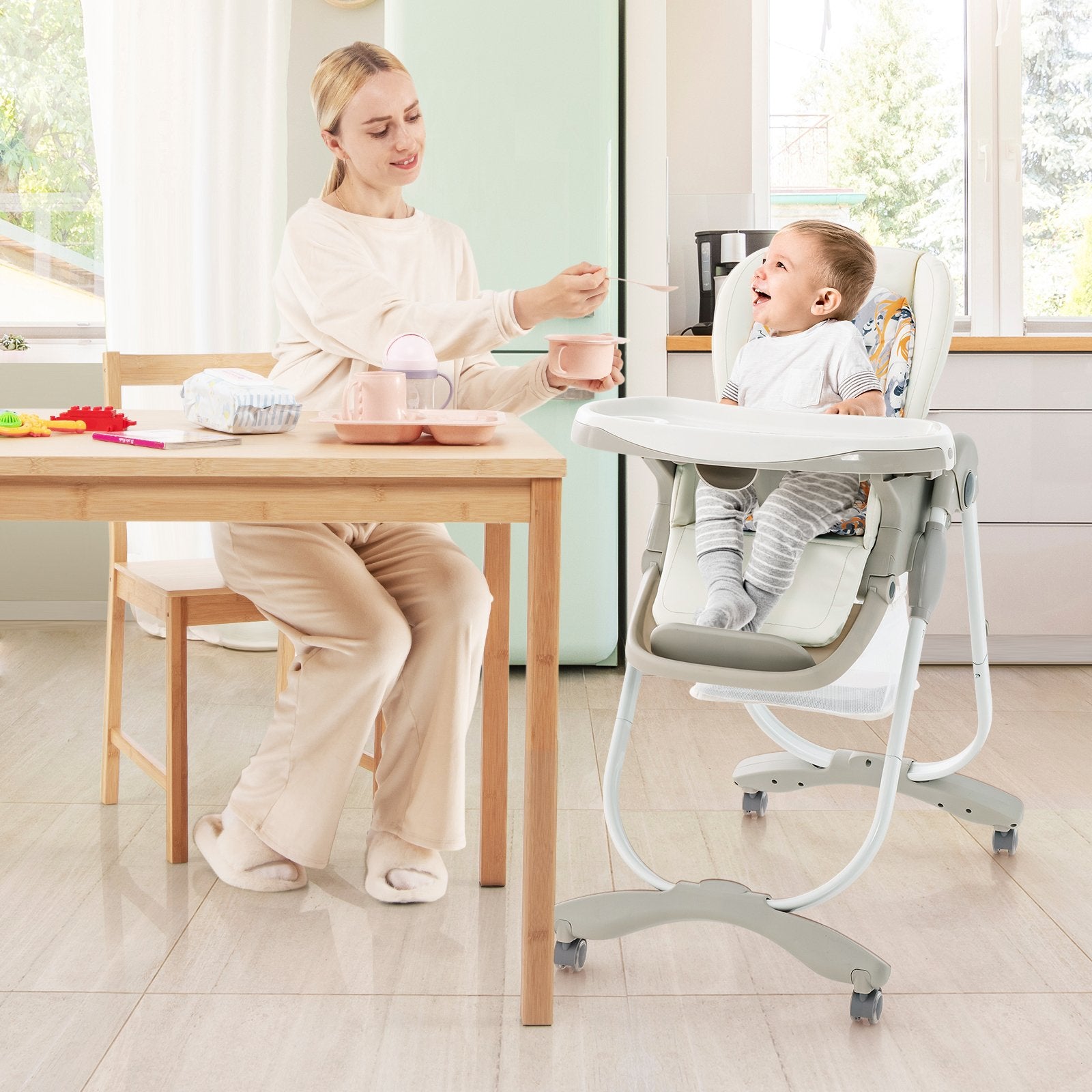 Multifunctional Folding Baby High Chair with Rolling Wheels-White