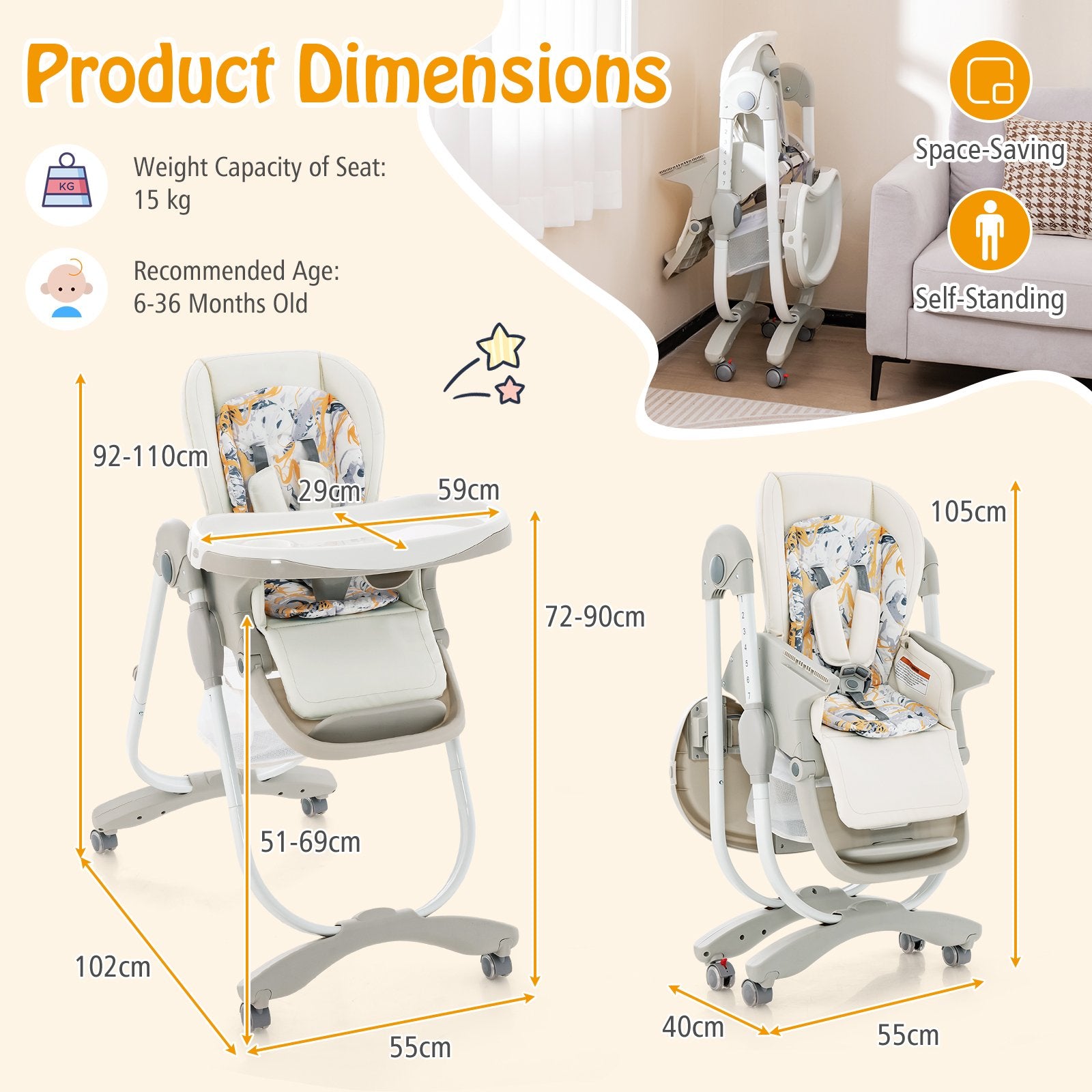 Multifunctional Folding Baby High Chair with Rolling Wheels-White