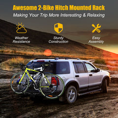 The garage rack attached to a car carrying two bicycles on a dirt road at sunset