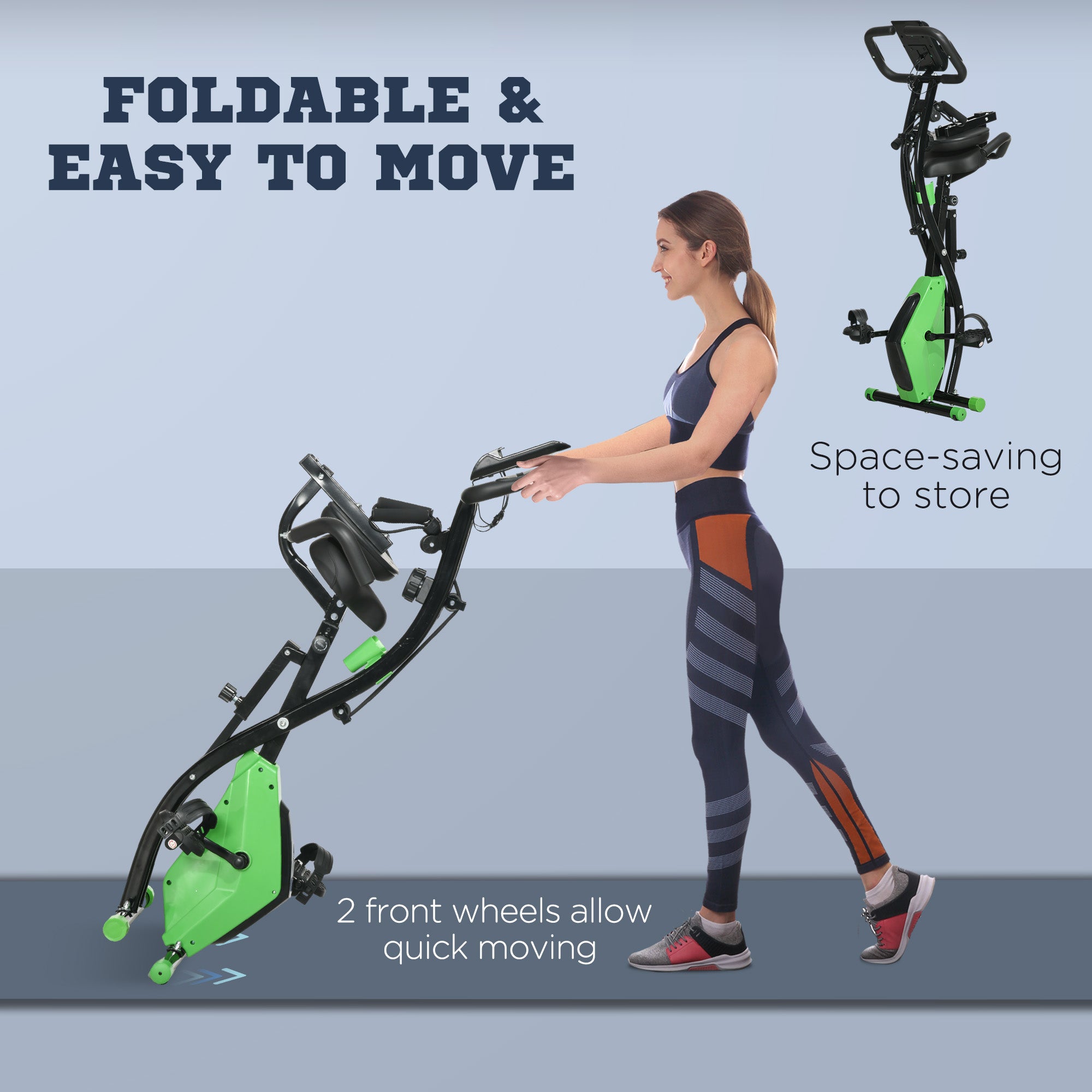 HOMCOM 2-in-1 Folding Exercise Bike with 8-Level Magnetic Resistance, Arm Resistance Band, Pulse Sensor, Green