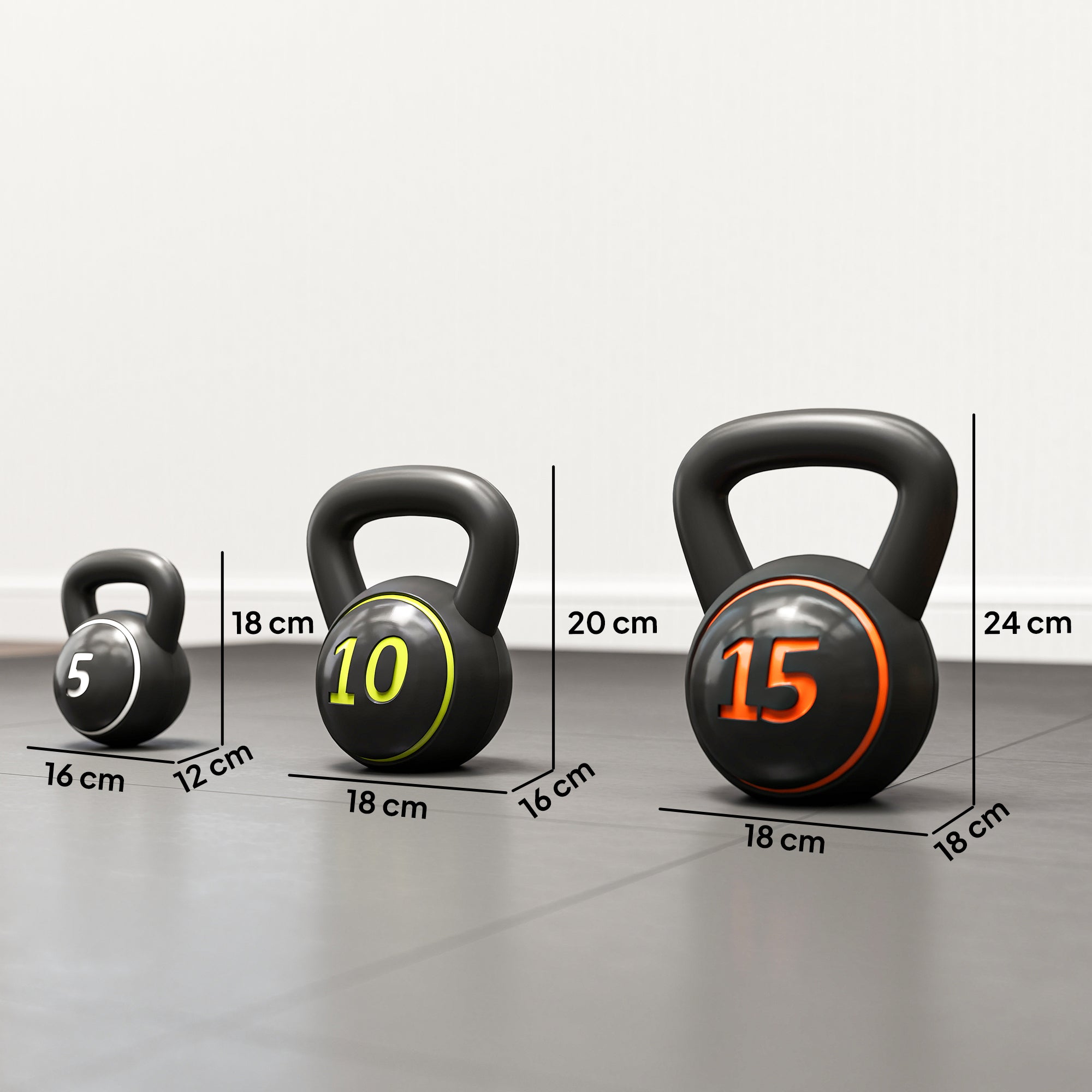 SPORTNOW Three-Piece Kettlebell Set, 5lbs, 10lbs, 15lbs with Storage Tray