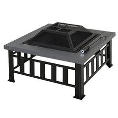Outsunny Metal Large Firepit Outdoor Square Fire Pit Brazier with Rain Cover, Lid, Log Grate, Poker for Backyard, Camping, BBQ, Bonfire, Wood Burning Stove, 86 x 86 x 54cm, Black