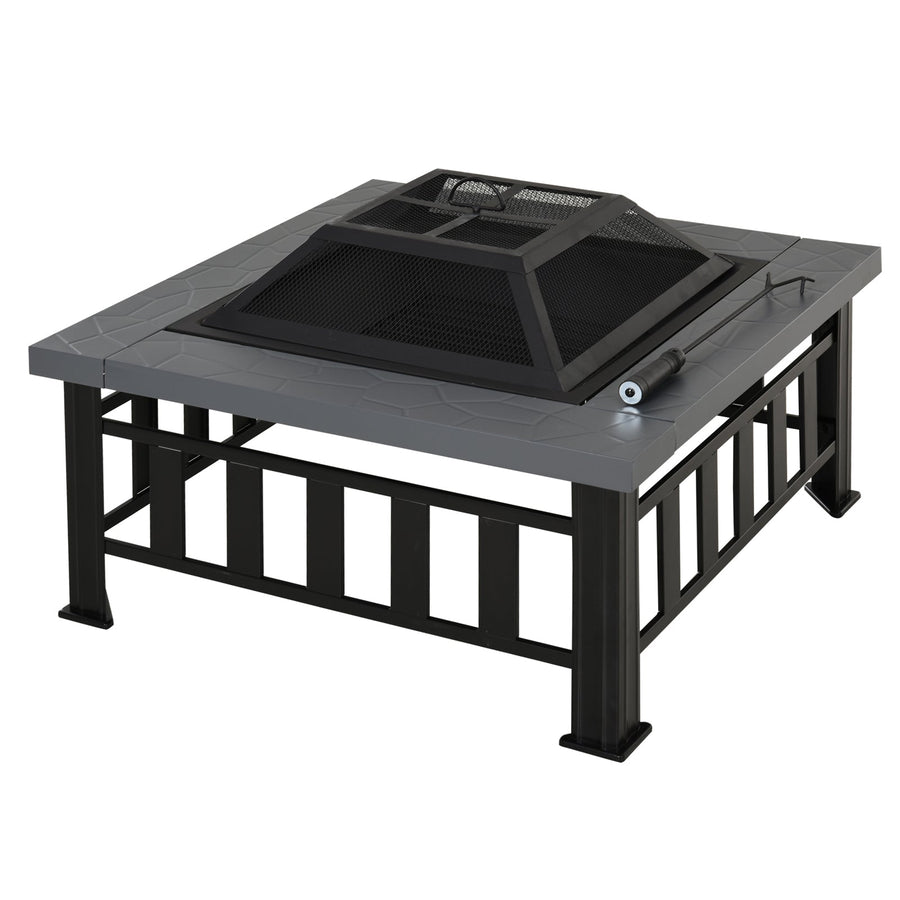 Outsunny Metal Large Firepit Outdoor Square Fire Pit Brazier with Rain Cover, Lid, Log Grate, Poker for Backyard, Camping, BBQ, Bonfire, Wood Burning Stove, 86 x 86 x 54cm, Black