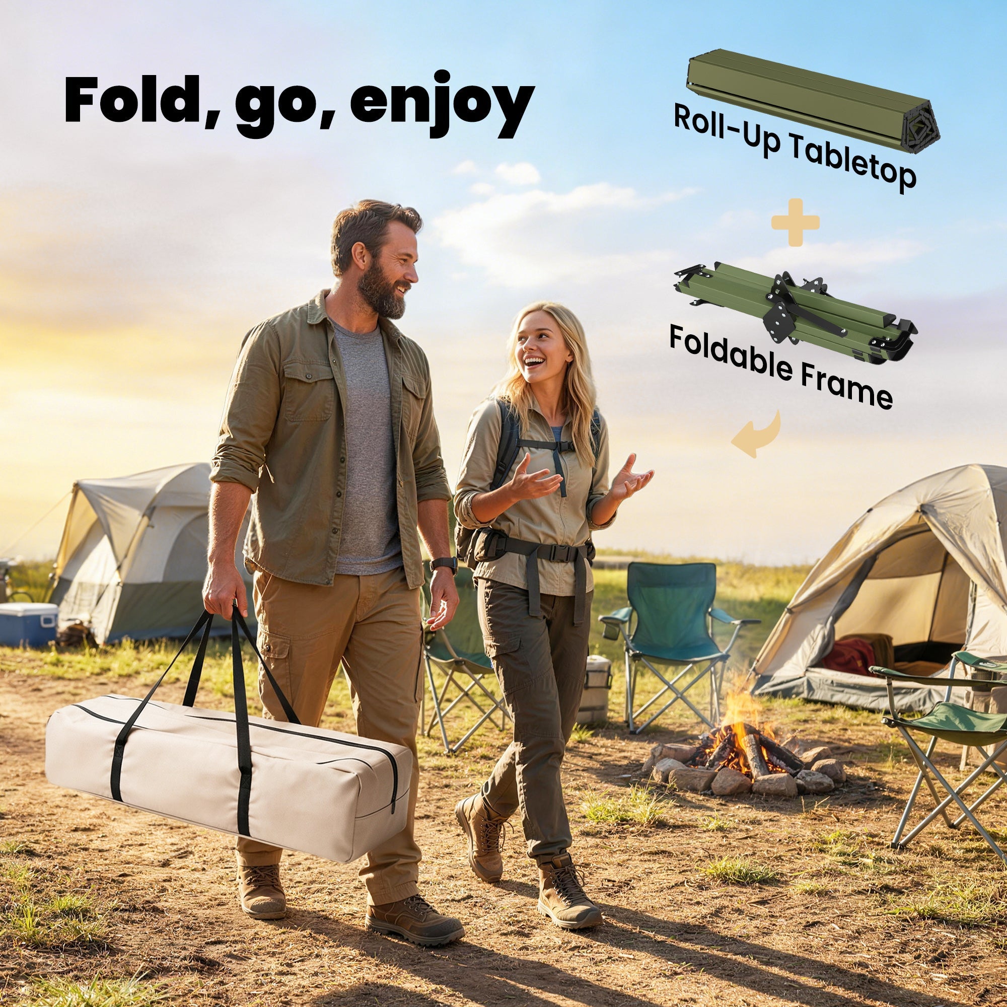 Outsunny 4ft Folding Camping Table, Waterproof Picnic Table with Roll Up Top and Metal Frame, Green