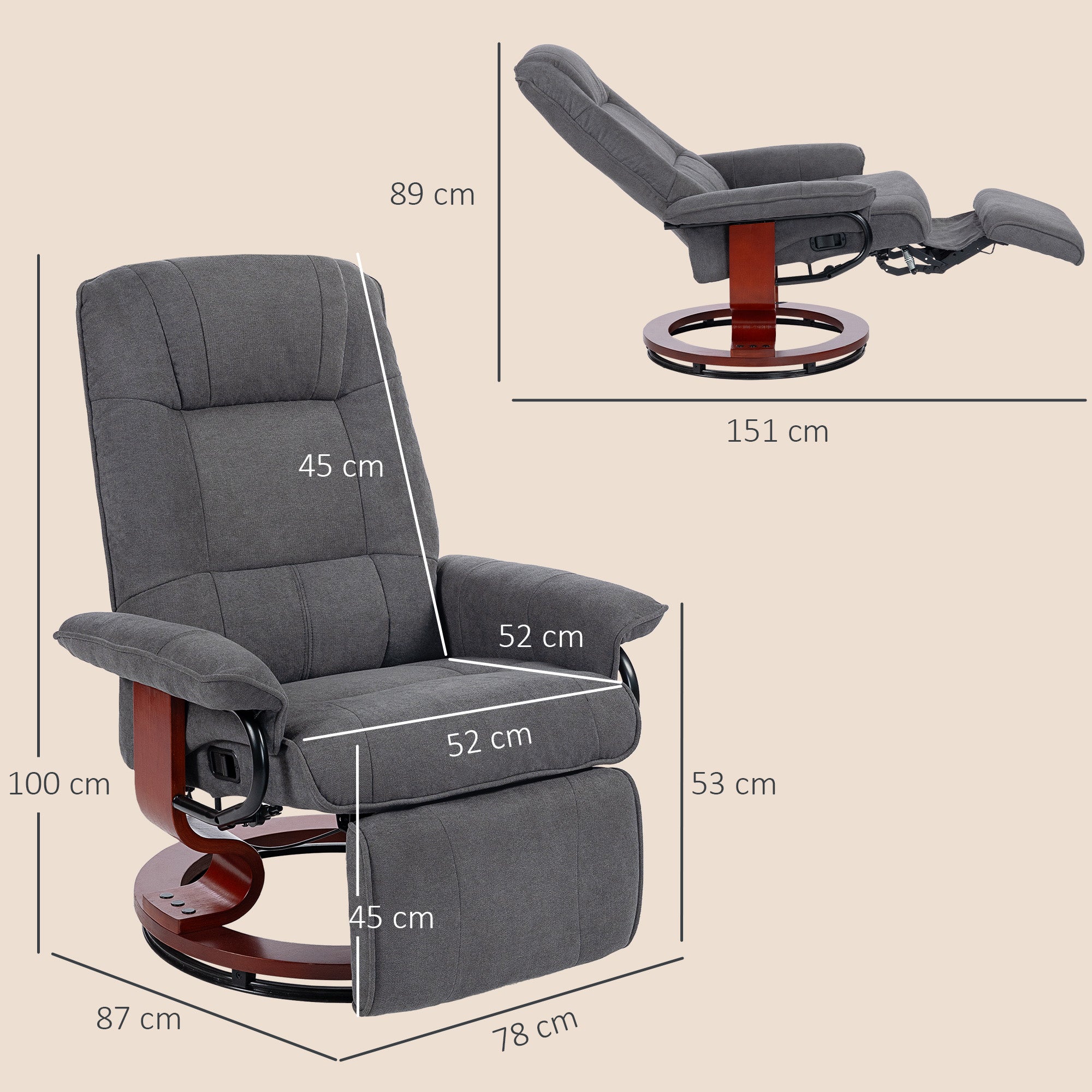HOMCOM Reclining Swivel Chair, with Footrest - Grey