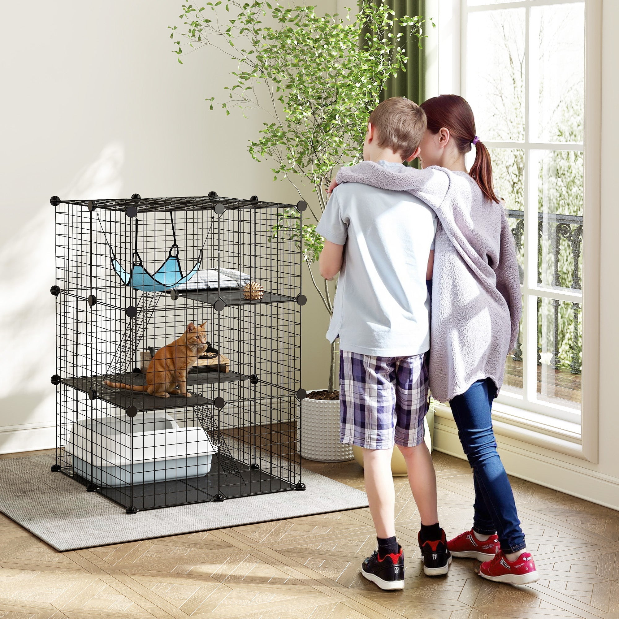 PawHut Indoor Cat Cage DIY Customizable 3-Tier Indoor Cat Enclosure with 3 Doors and Hammock 105 cm Black