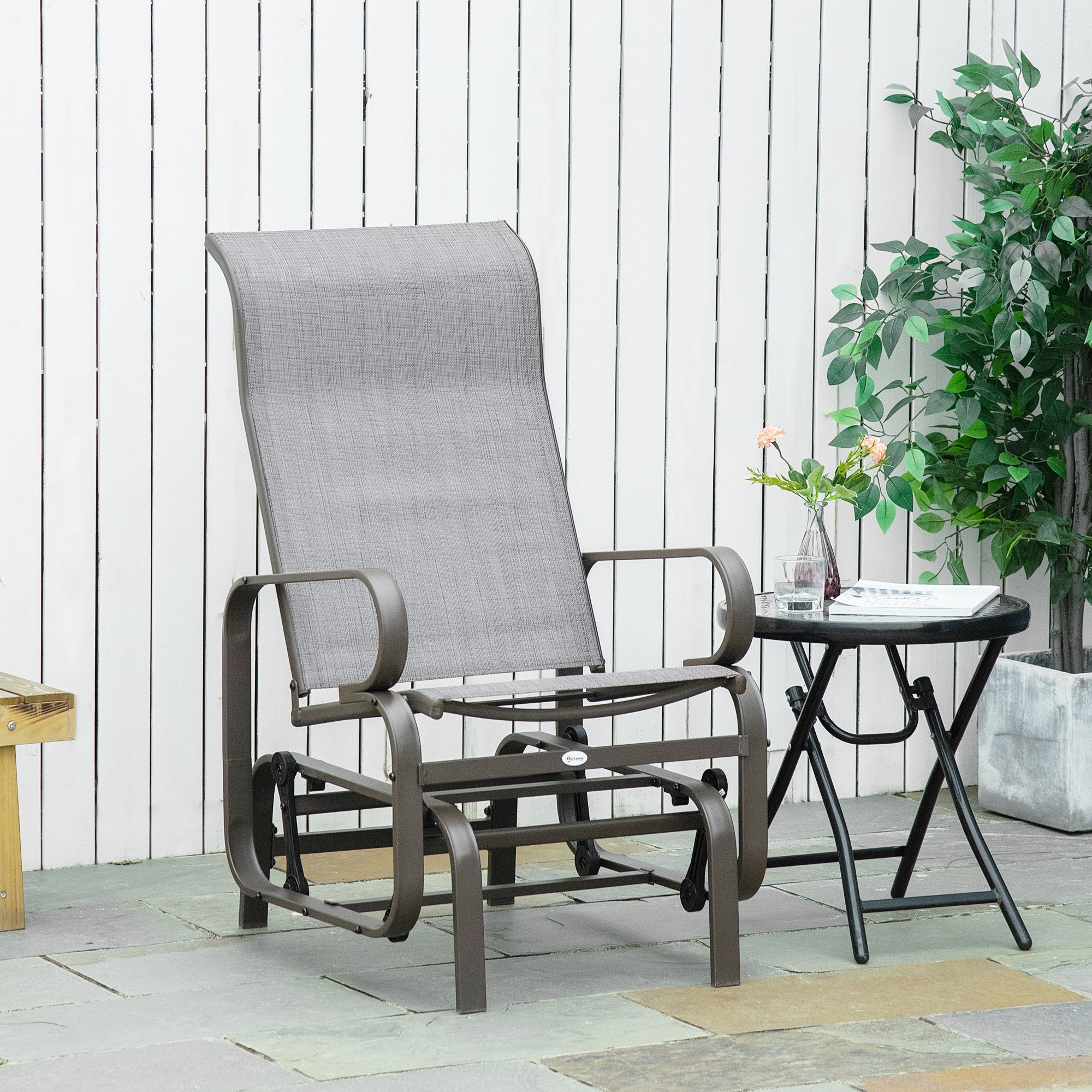 Outsunny Outdoor Gliding Rocking Chair with Sturdy Metal Frame Garden Comfortable Swing Chair, Grey & Brown