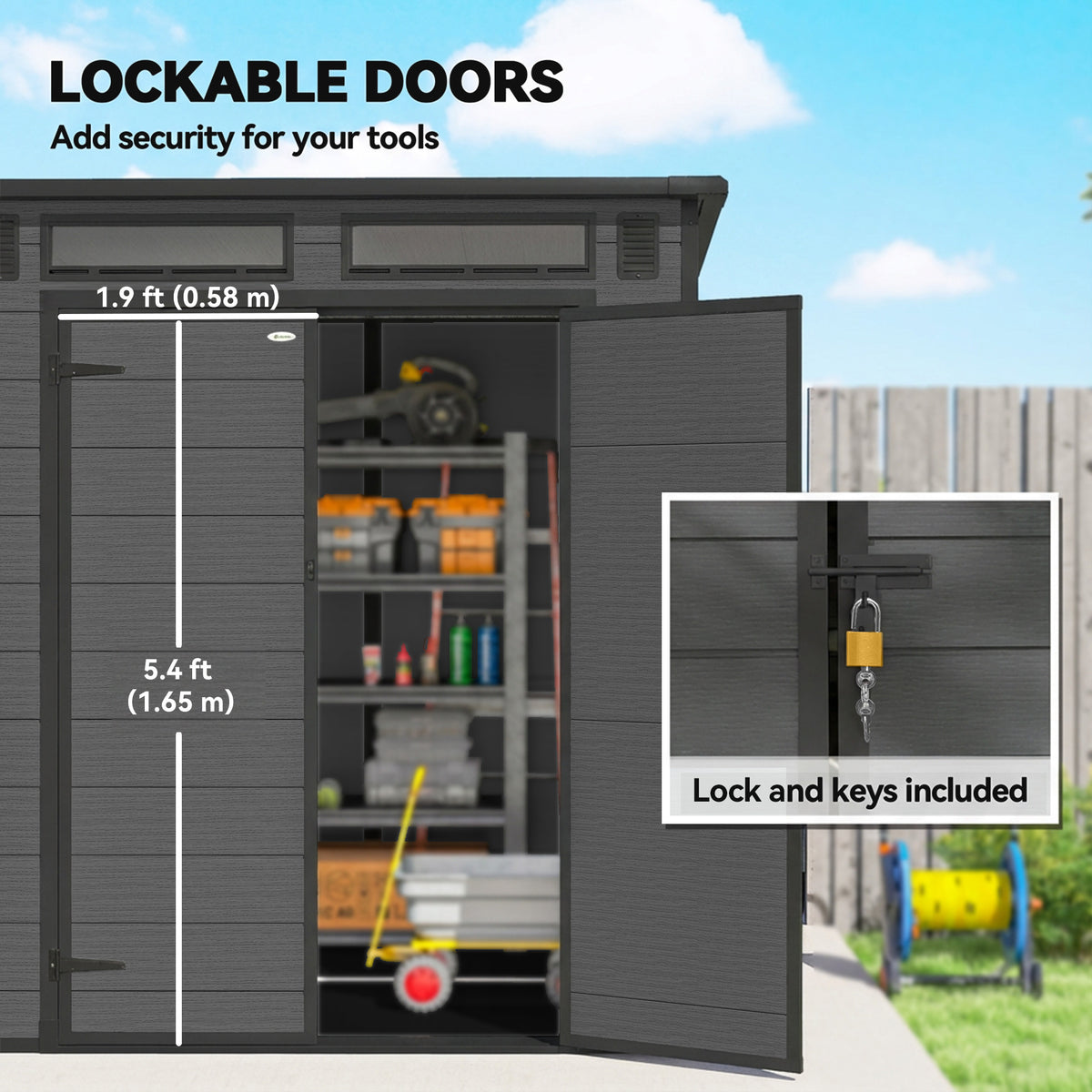 Outsunny 6 x 6 ft Plastic Garden Shed, Wood-Effect Outdoor Storage Shed with Floor, Windows, Lockable Doors and Vents, Dark Grey