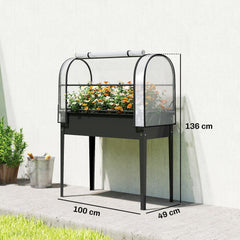Outsunny Raised Planter with Flip-Up Greenhouse Cover, Metal Raised Garden Bed on Legs with Drainage Hole, Black