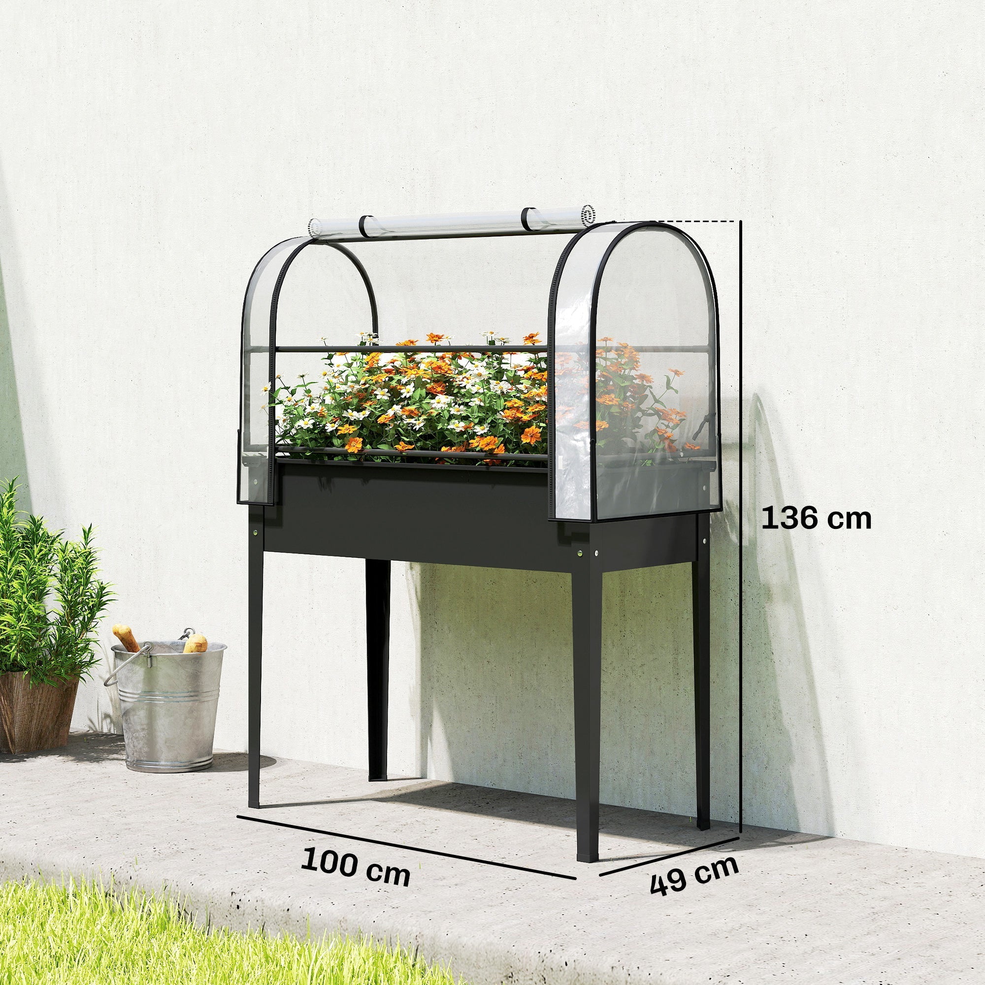 Outsunny Raised Planter with Flip-Up Greenhouse Cover, Metal Raised Garden Bed on Legs with Drainage Hole, Black