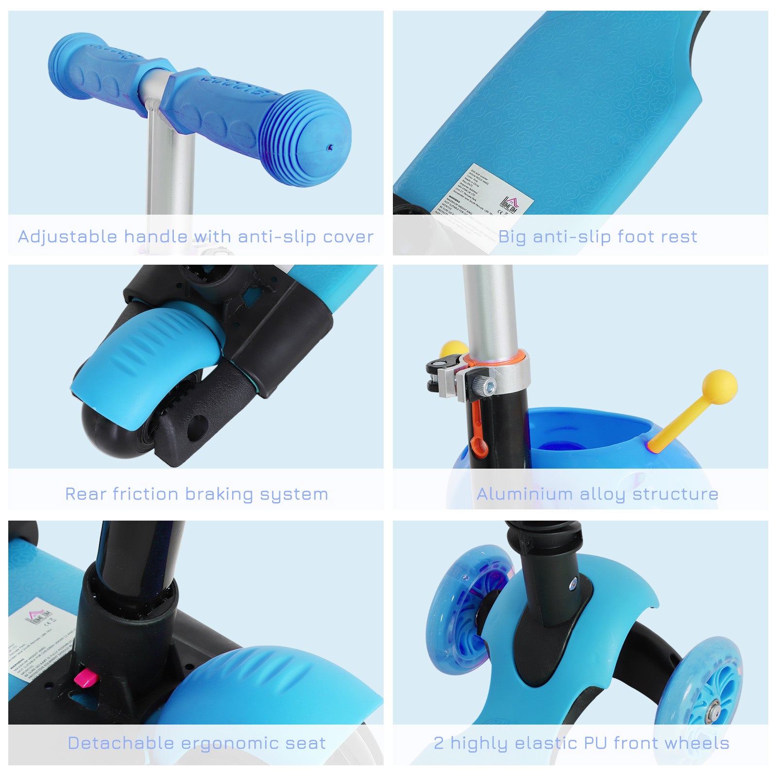 HOMCOM Adjustable Kids Toddler Scooter, with Removable Seat, Back Handle, Blue