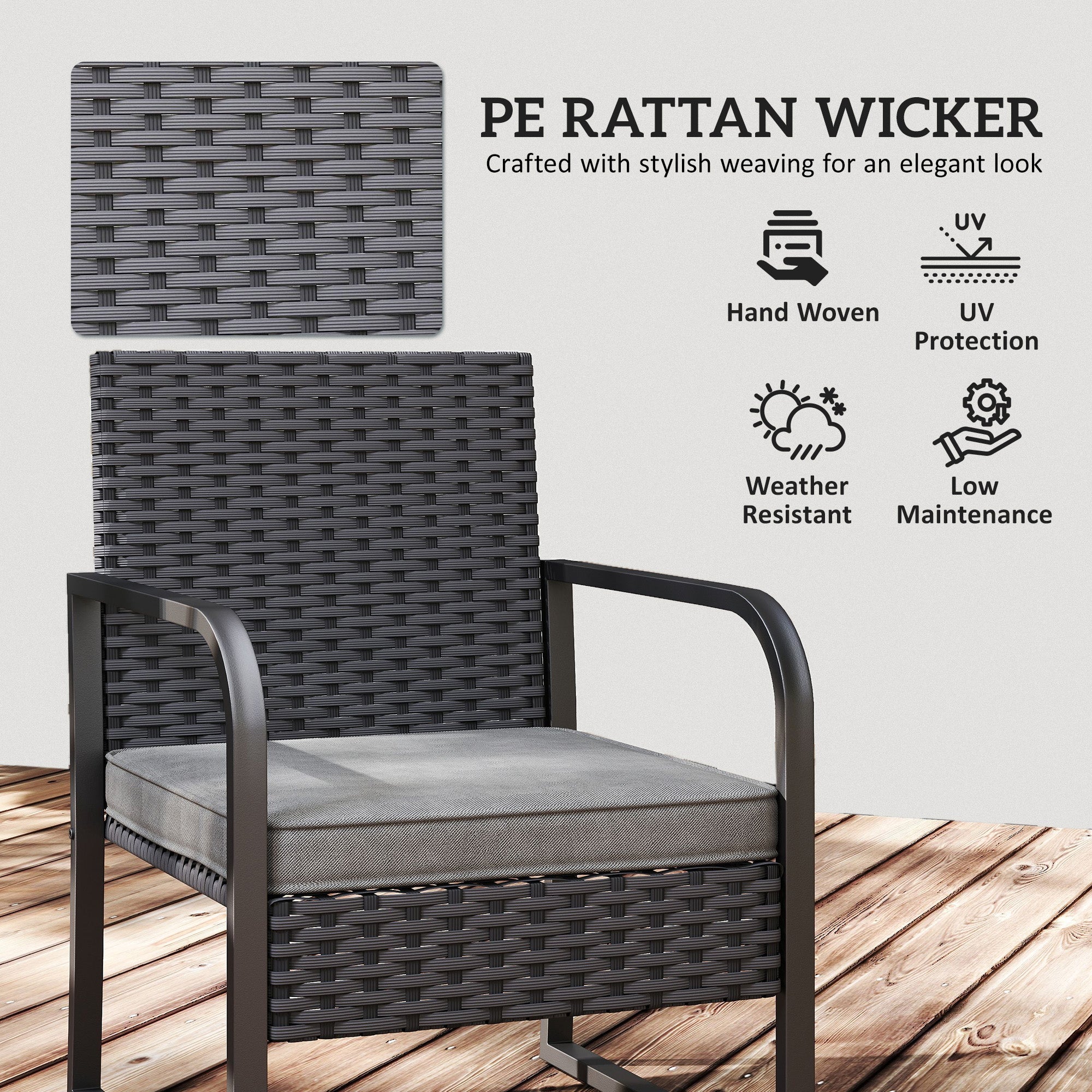 Outsunny Rattan Bistro Set, 3 Piece Garden Furniture Set with Cushions and Glass Top Table, Black