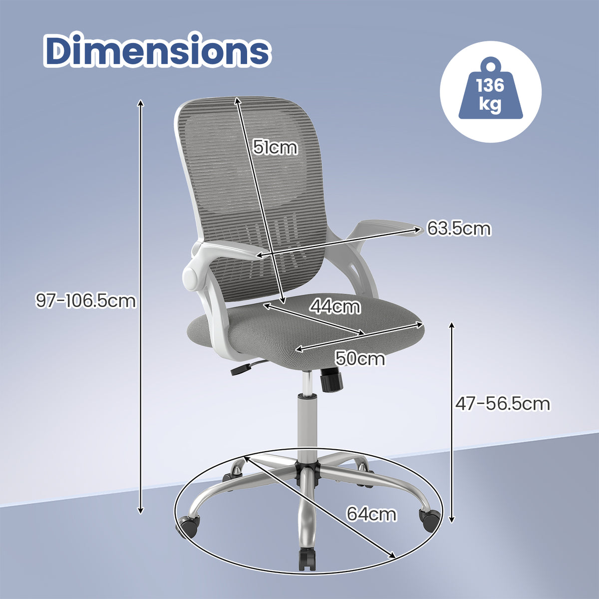 Home Office Chair Ergonomic Breathable Mesh Chair with Flip Up Armrests and Back Storage Space-Grey