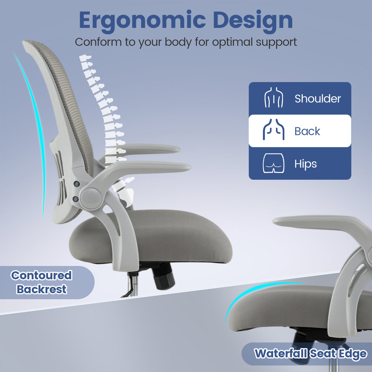 Home Office Chair Ergonomic Breathable Mesh Chair with Flip Up Armrests and Back Storage Space-Grey
