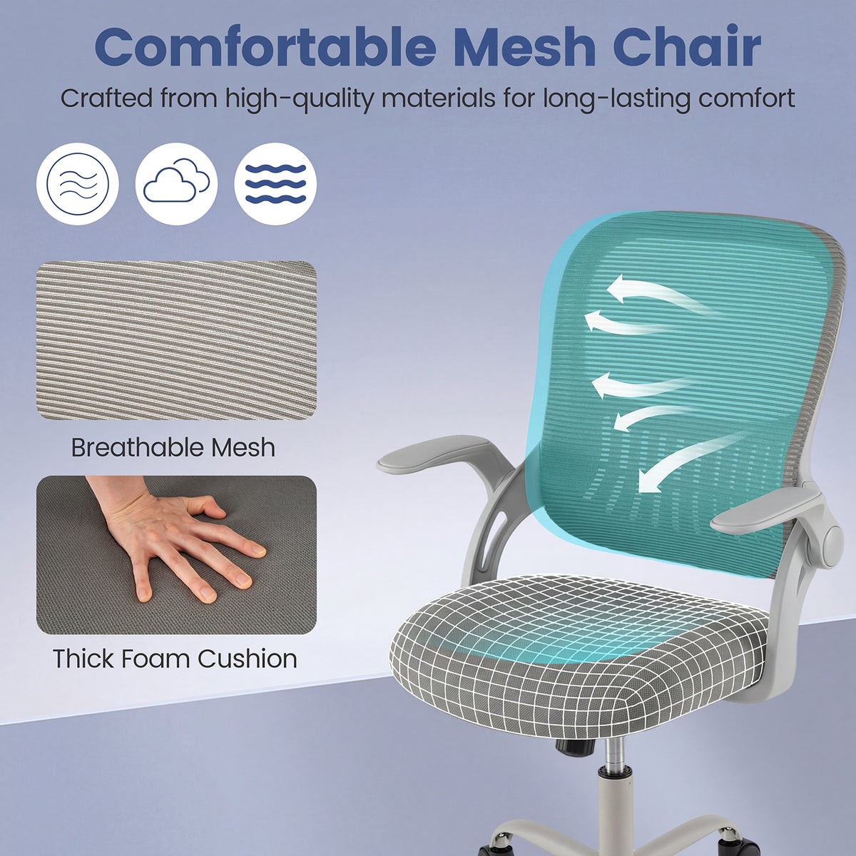 Home Office Chair Ergonomic Breathable Mesh Chair with Flip Up Armrests and Back Storage Space-Grey