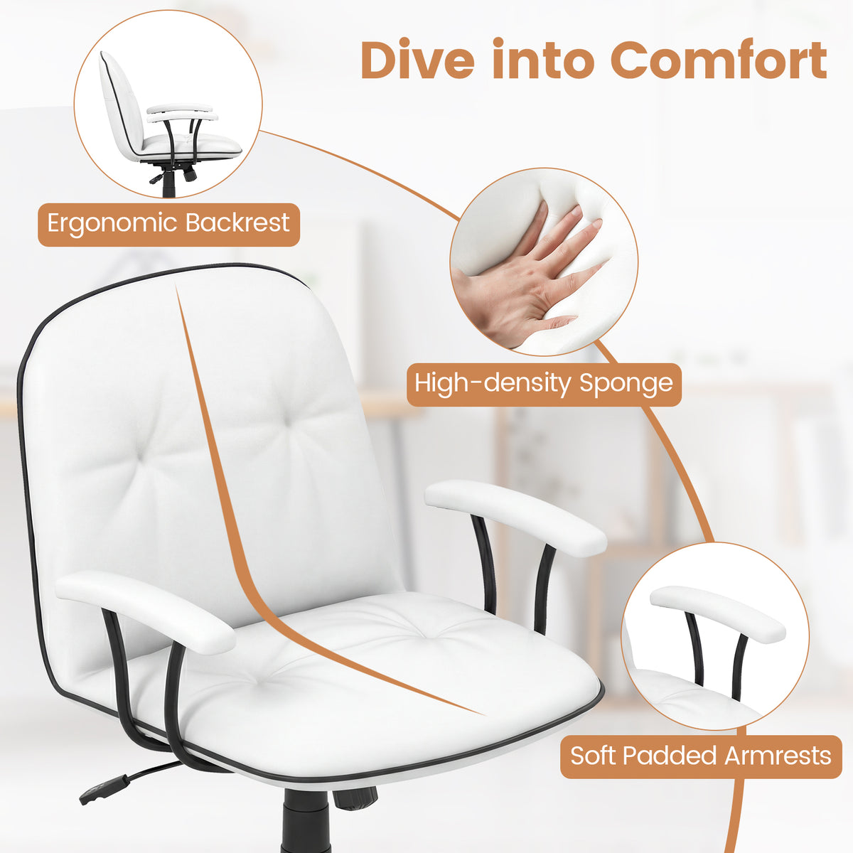 Home Office Desk Chair PU Leather Makeup Vanity Chair with Adjustable Height and Rocking Function-White