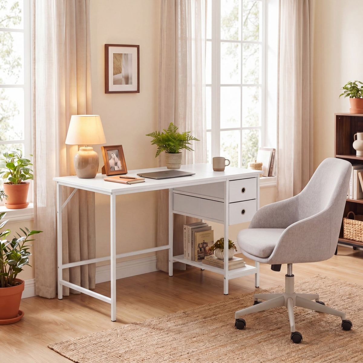 Home Office Desk Modern Computer Workstation with 2 Foldable Fabric Drawers-White