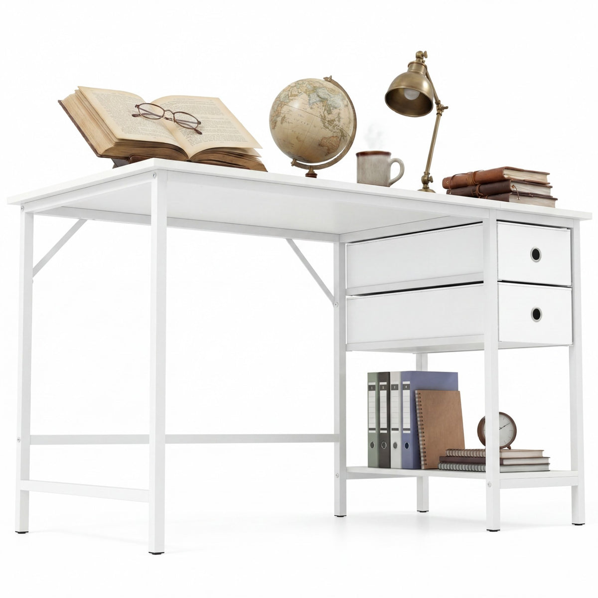 Home Office Desk Modern Computer Workstation with 2 Foldable Fabric Drawers-White