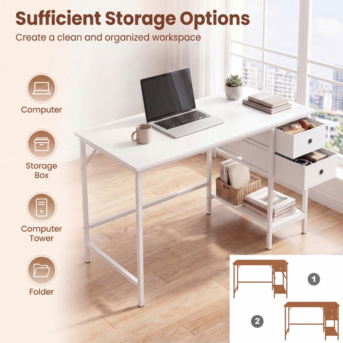Home Office Desk Modern Computer Workstation with 2 Foldable Fabric Drawers-White