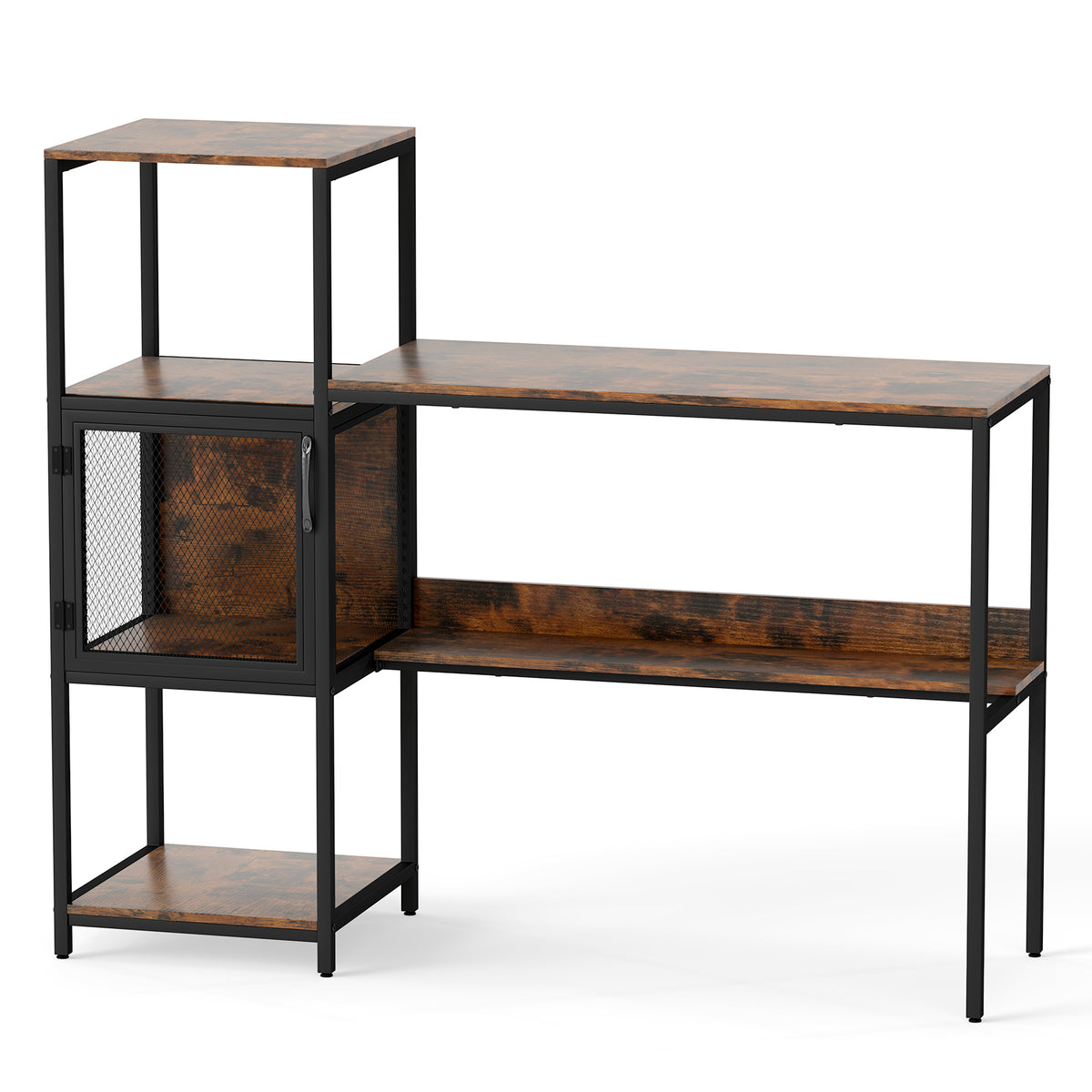 Home Office Desk with Bookshelf Storage Cabinet and Shelves for Study-Rustic Brown