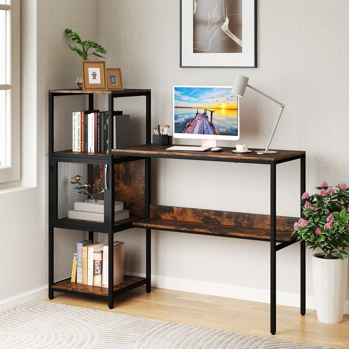 Home Office Desk with Bookshelf Storage Cabinet and Shelves for Study-Rustic Brown