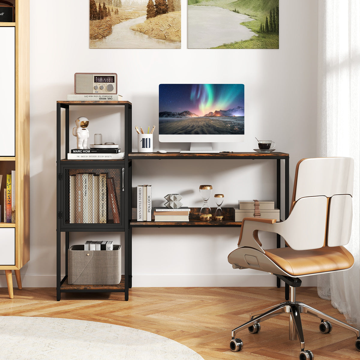 Home Office Desk with Bookshelf Storage Cabinet and Shelves for Study-Rustic Brown