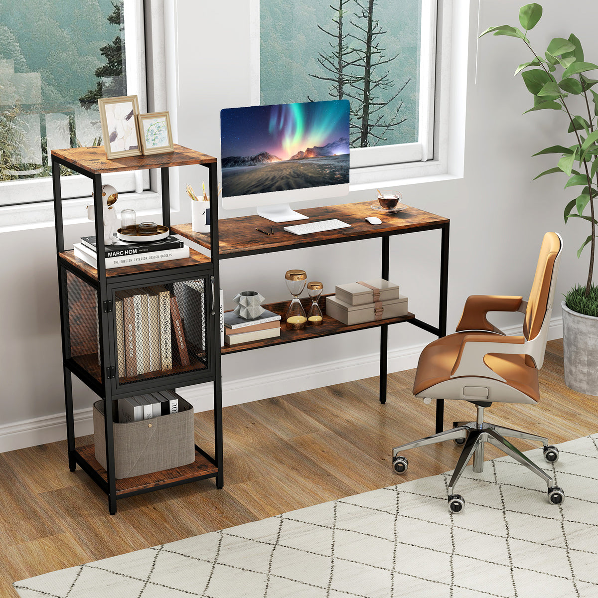 Home Office Desk with Bookshelf Storage Cabinet and Shelves for Study-Rustic Brown