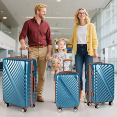 three blue suitcases standing on the floor next to a family in an airport terminal