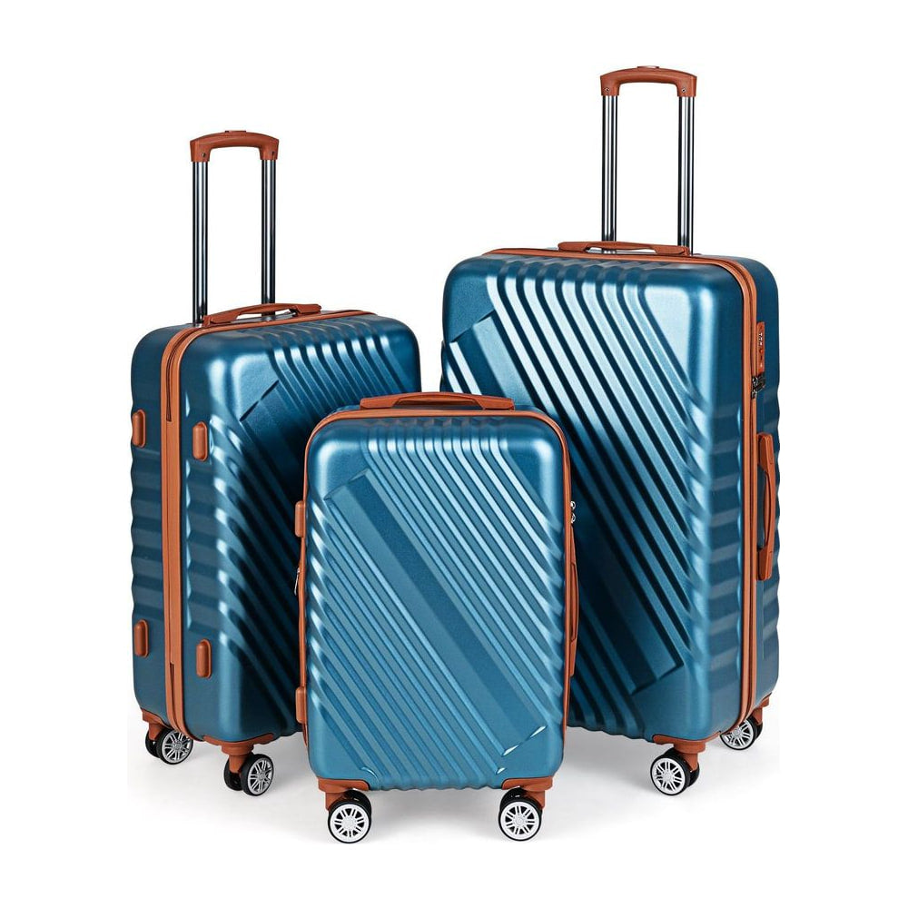 Large/Medium/Small Carry on Suitcase Sets in blue with brown handles and wheels