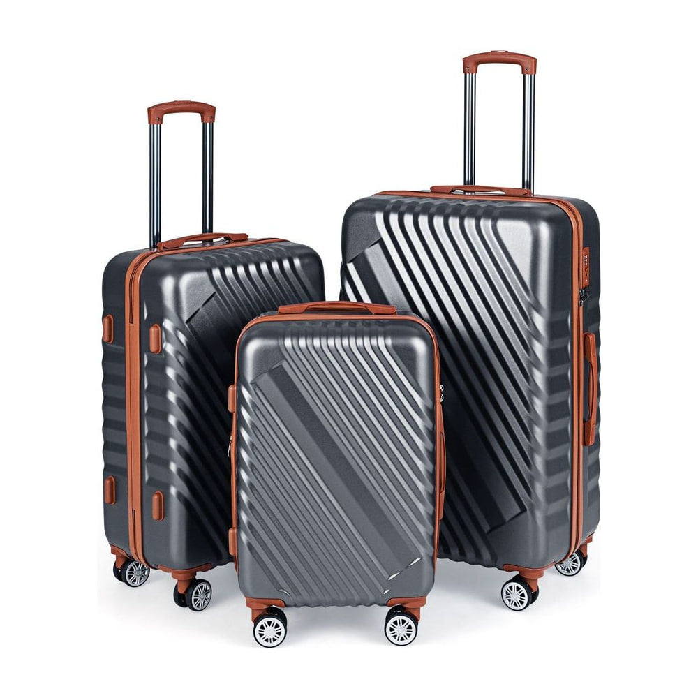 Large/Medium/Small Carry on Suitcase Sets in grey with brown trim, showing three sizes together