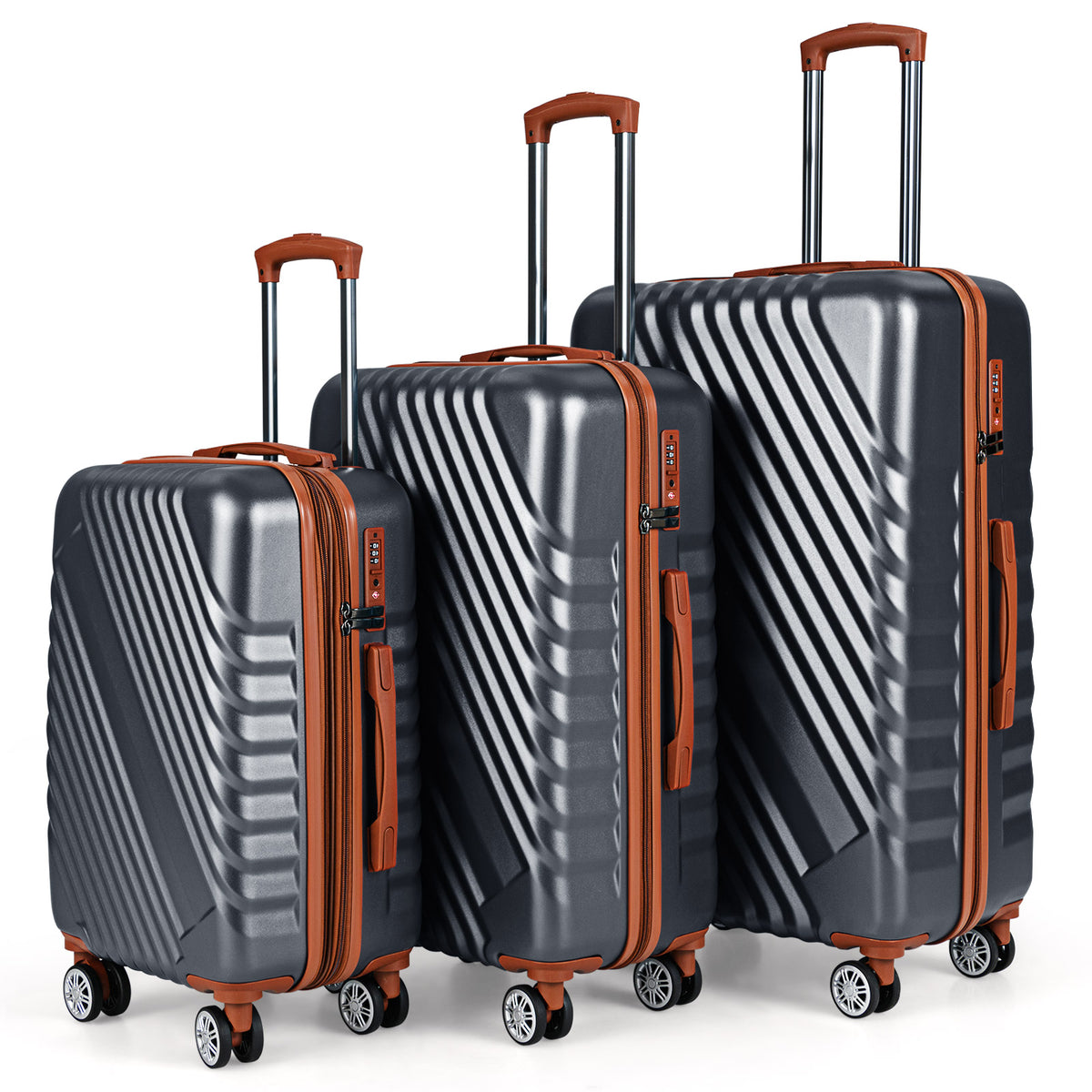 Three grey camping suitcases with brown handles and wheels arranged in a row