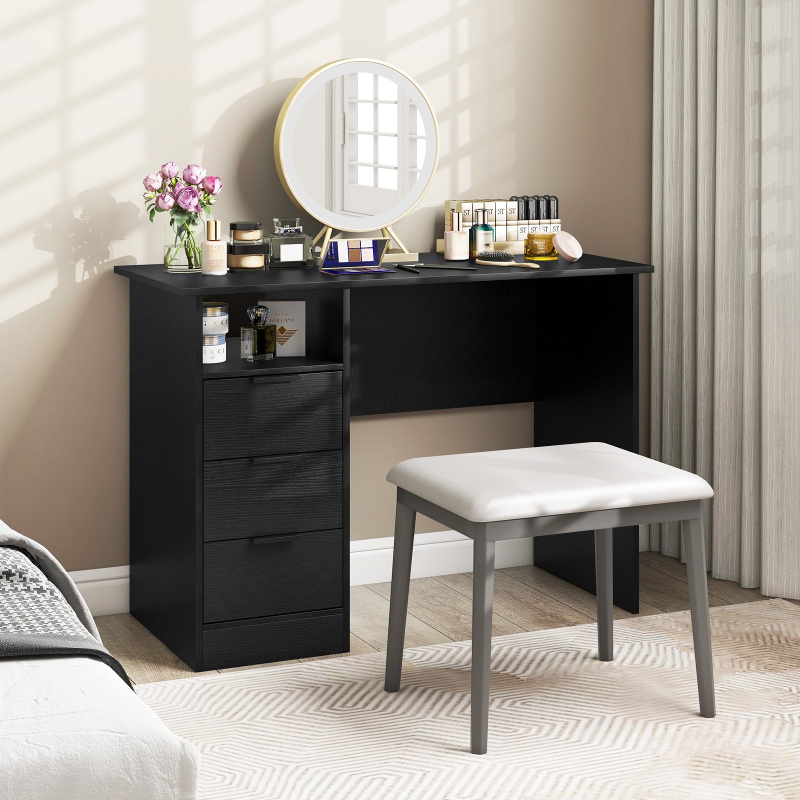 Home Office Desk with Power Outlet and 3 Storage Drawers-Black