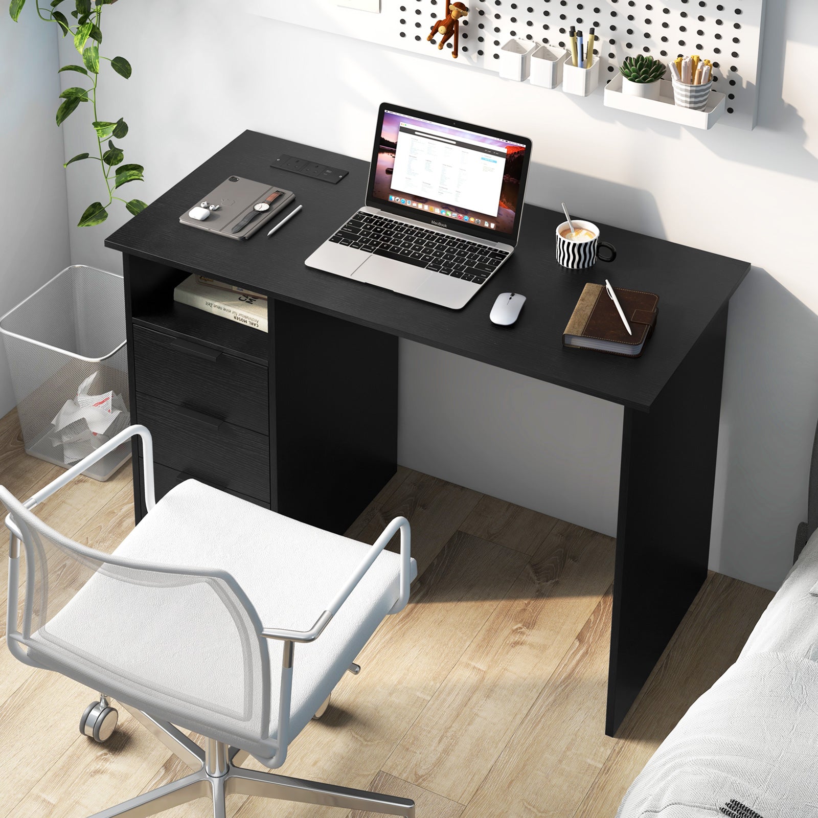 Home Office Desk with Power Outlet and 3 Storage Drawers-Black