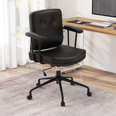 Dark brown office chair with wheels on a rug in a home office setting