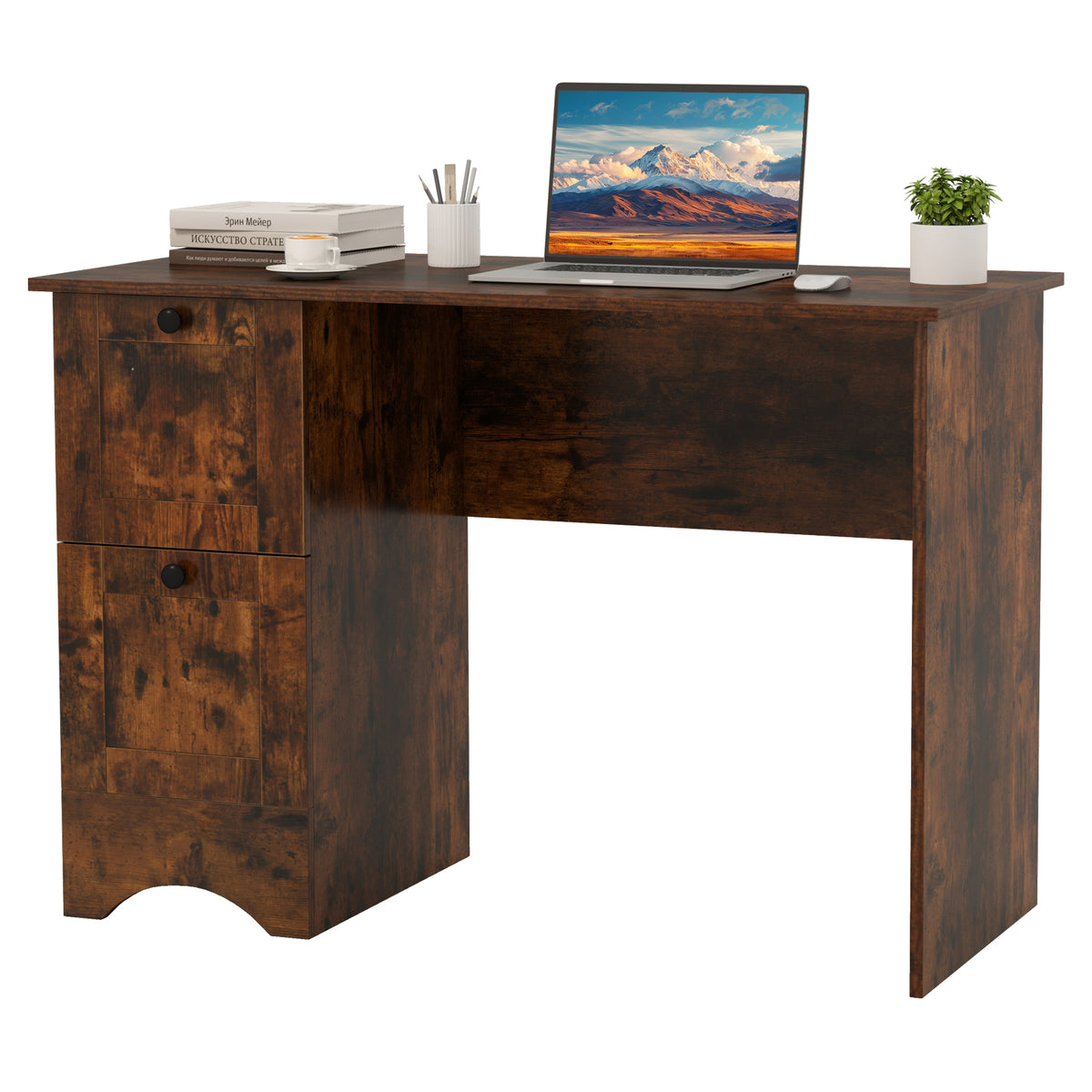 The rustic brown writing desk with two drawers, viewed from the front