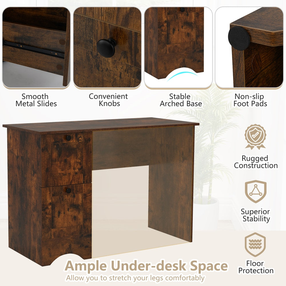 Close up details of the rustic brown office desk, showing drawers and construction