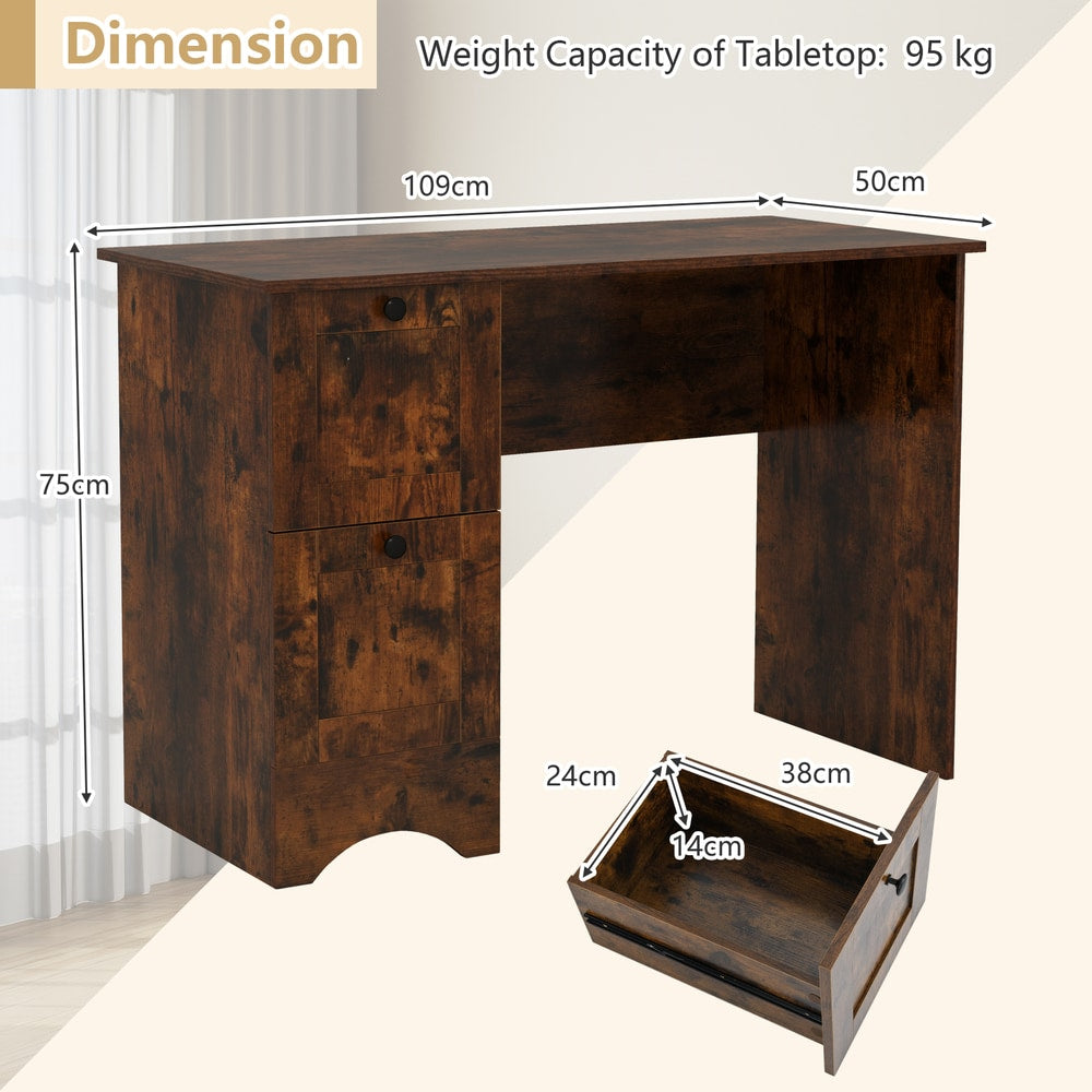 Dimension diagram for the rustic brown office desk, showing height, width and depth