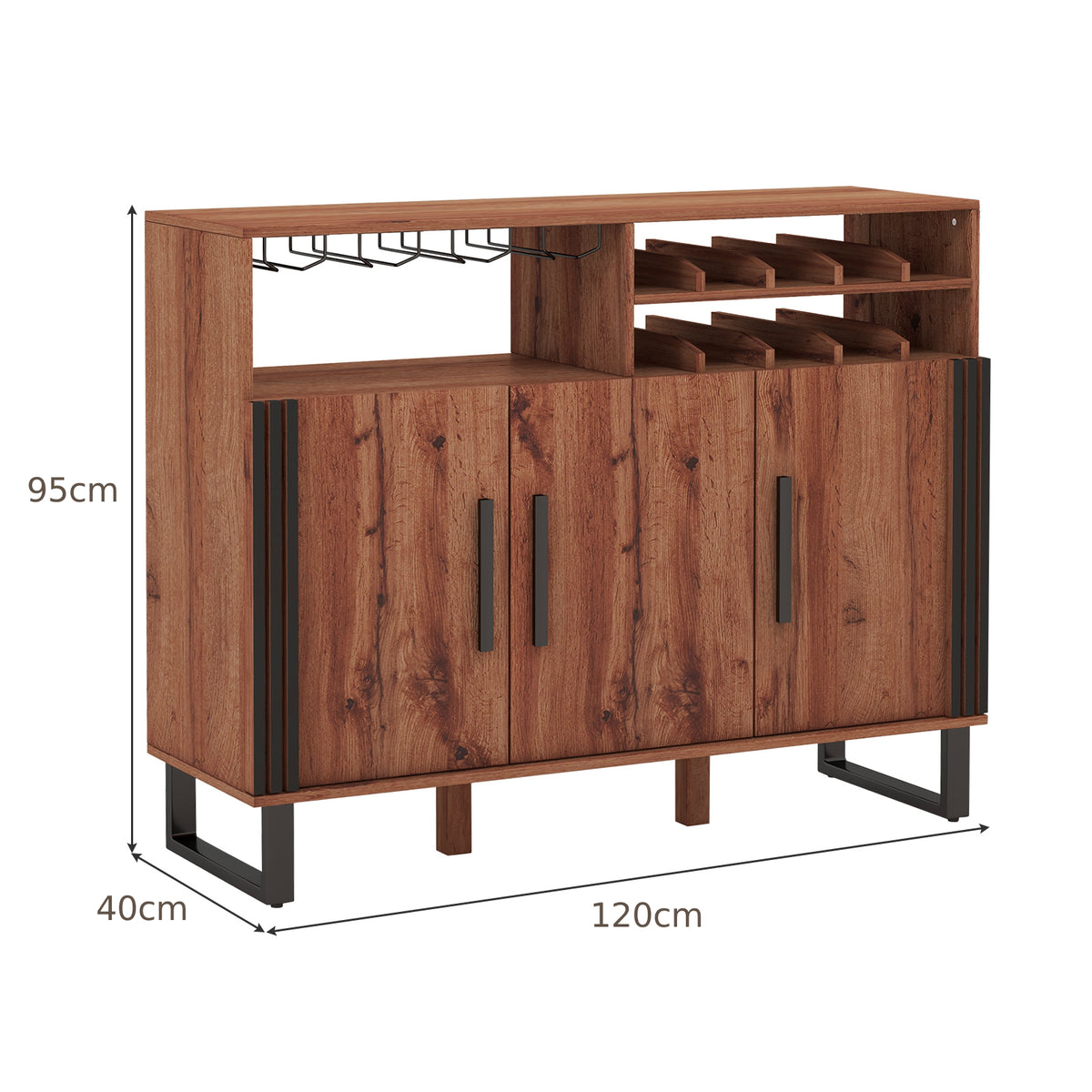 Home Wine Bar Cabinet with 3 Door and 4-Row Glass-Rustic Brown