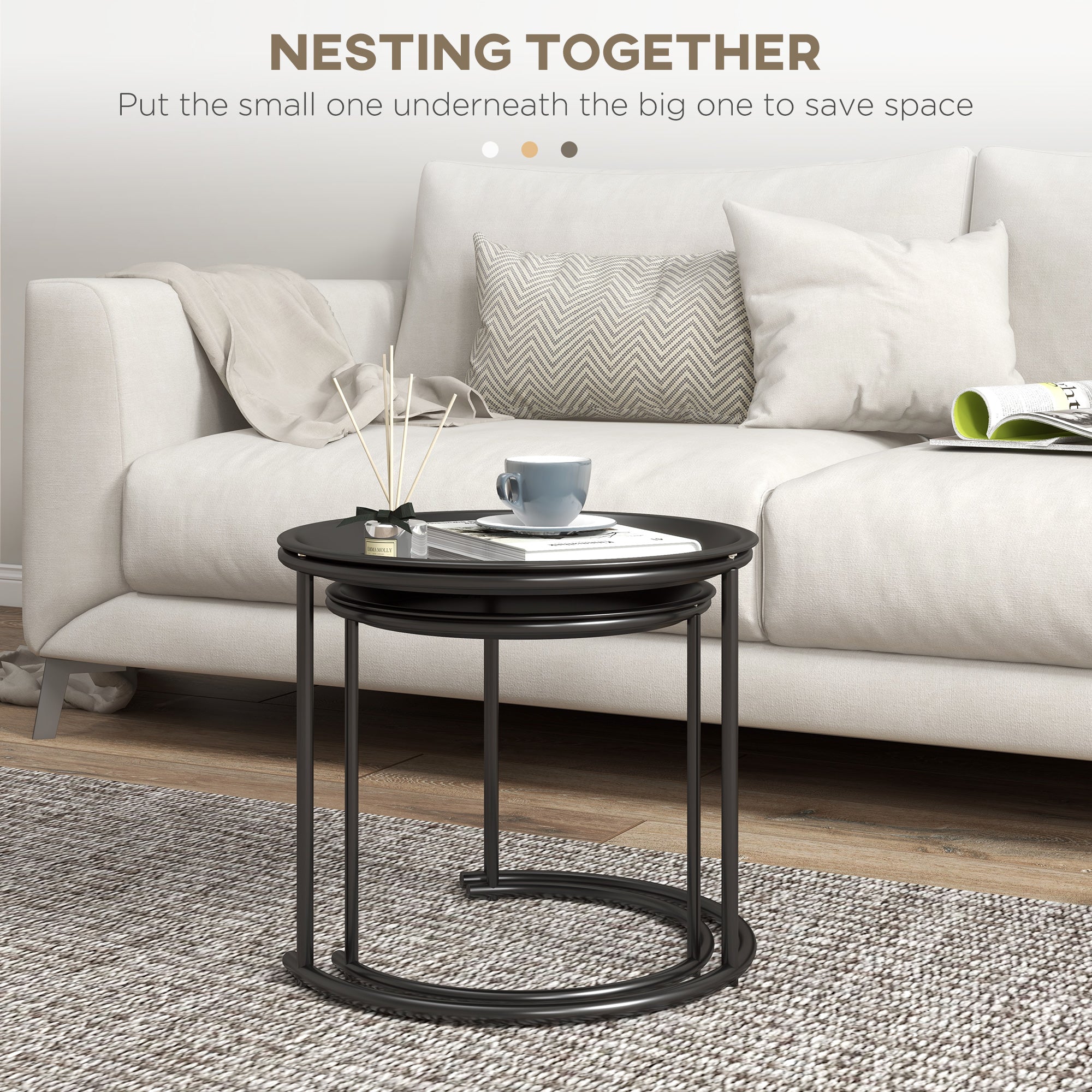 HOMCOM Nesting Tables Set of 2, Side End Table with Removable Tabletop Tray and Steel Frame for Living Room, Bedroom, Black