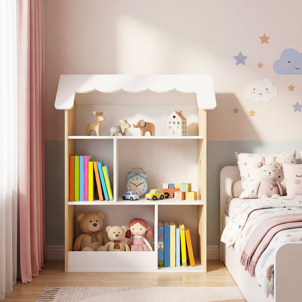 House-Shaped Kids Bookshelf with Roof and Windows for Playroom-White