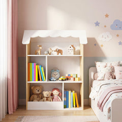 House-Shaped Kids Bookshelf with Roof and Windows for Playroom-White