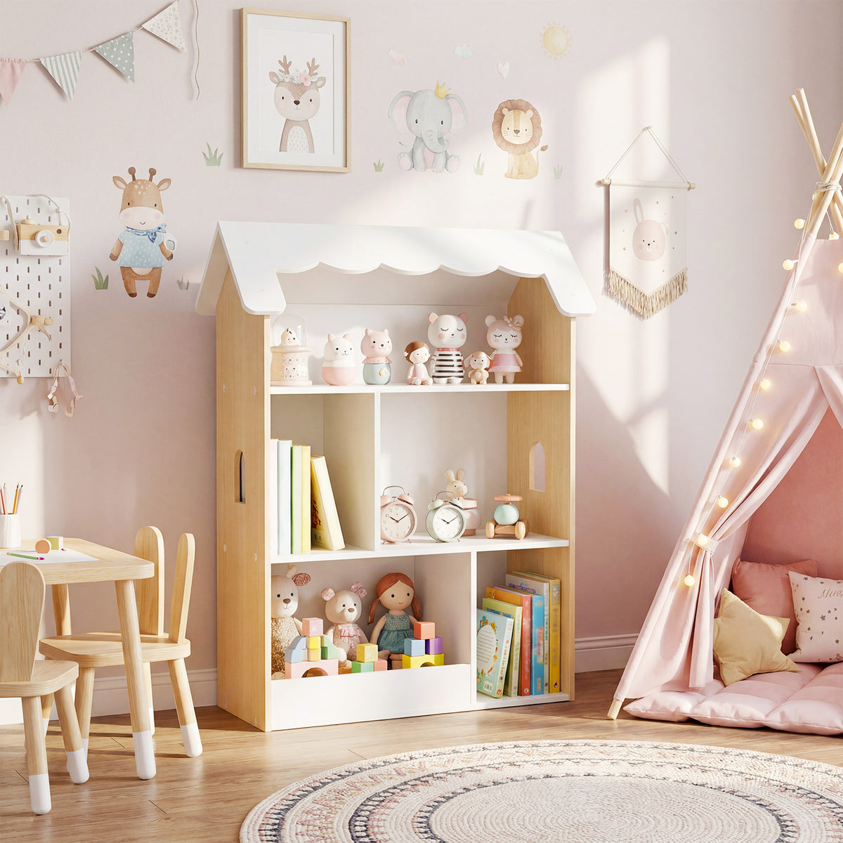House-Shaped Kids Bookshelf with Roof and Windows for Playroom-White