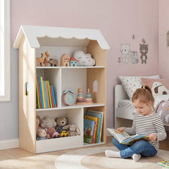 House-Shaped Kids Bookshelf with Roof and Windows for Playroom-White