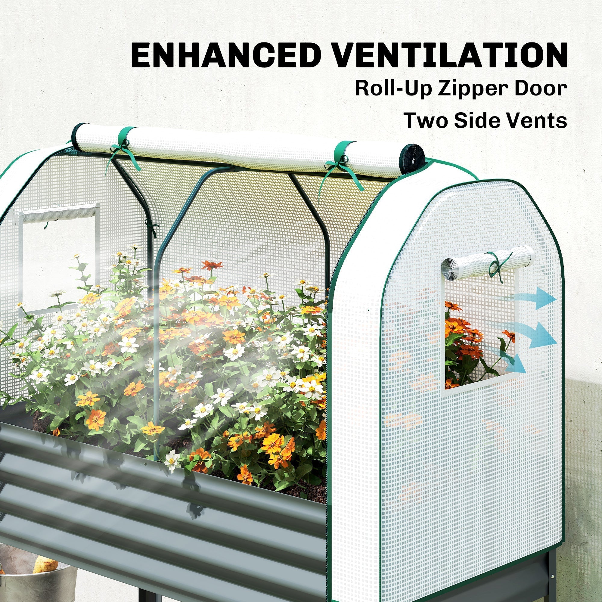 Outsunny Galvanised Raised Planter with Greenhouse Cover, Metal Raised Garden Bed on Legs with Bed Liner and Bottom Shelf