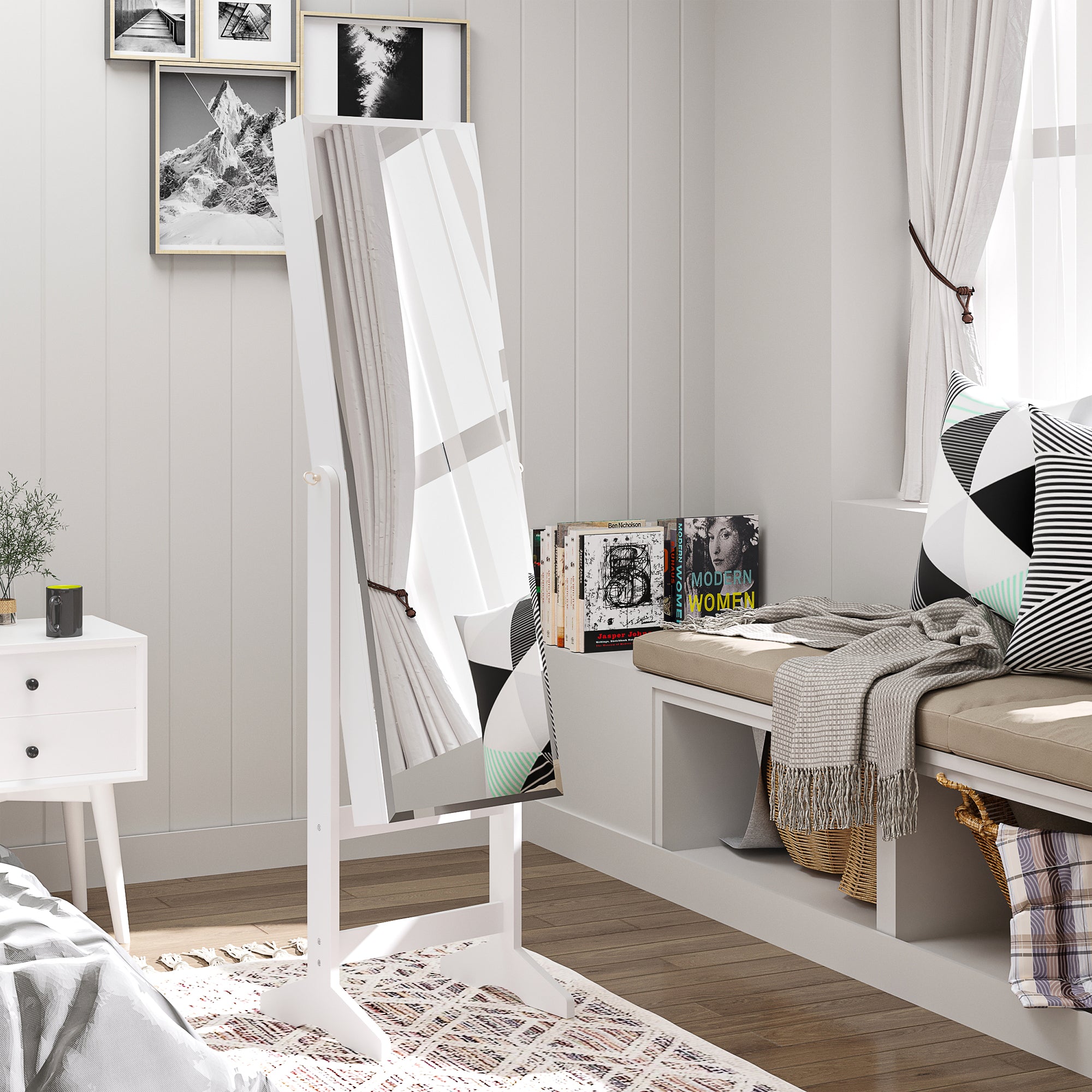 HOMCOM Jewelry Cabinet Standing Mirror Full Length Makeup Lockable Armoire Storage Organizer White